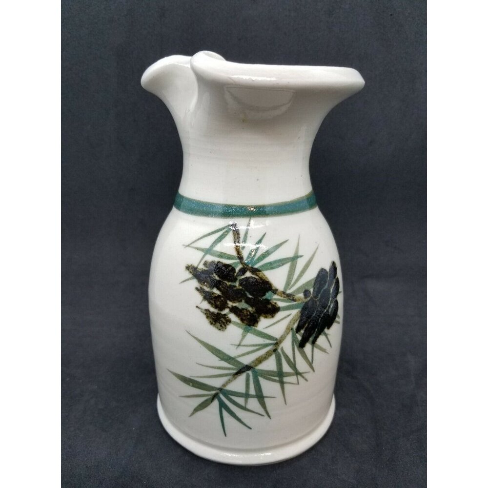 Studio Art Pottery Sake Pitcher Taupe Green Pine Cone Needles